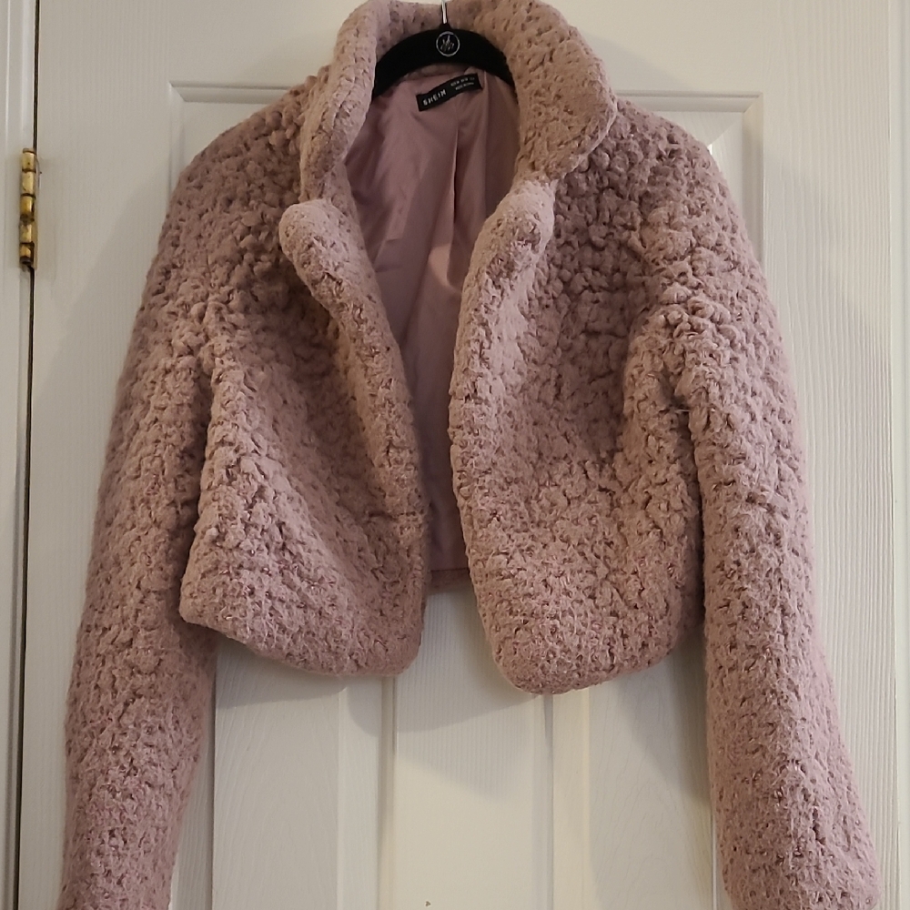 SHEIN Pink Teddy Jacket Plush Cropped Style